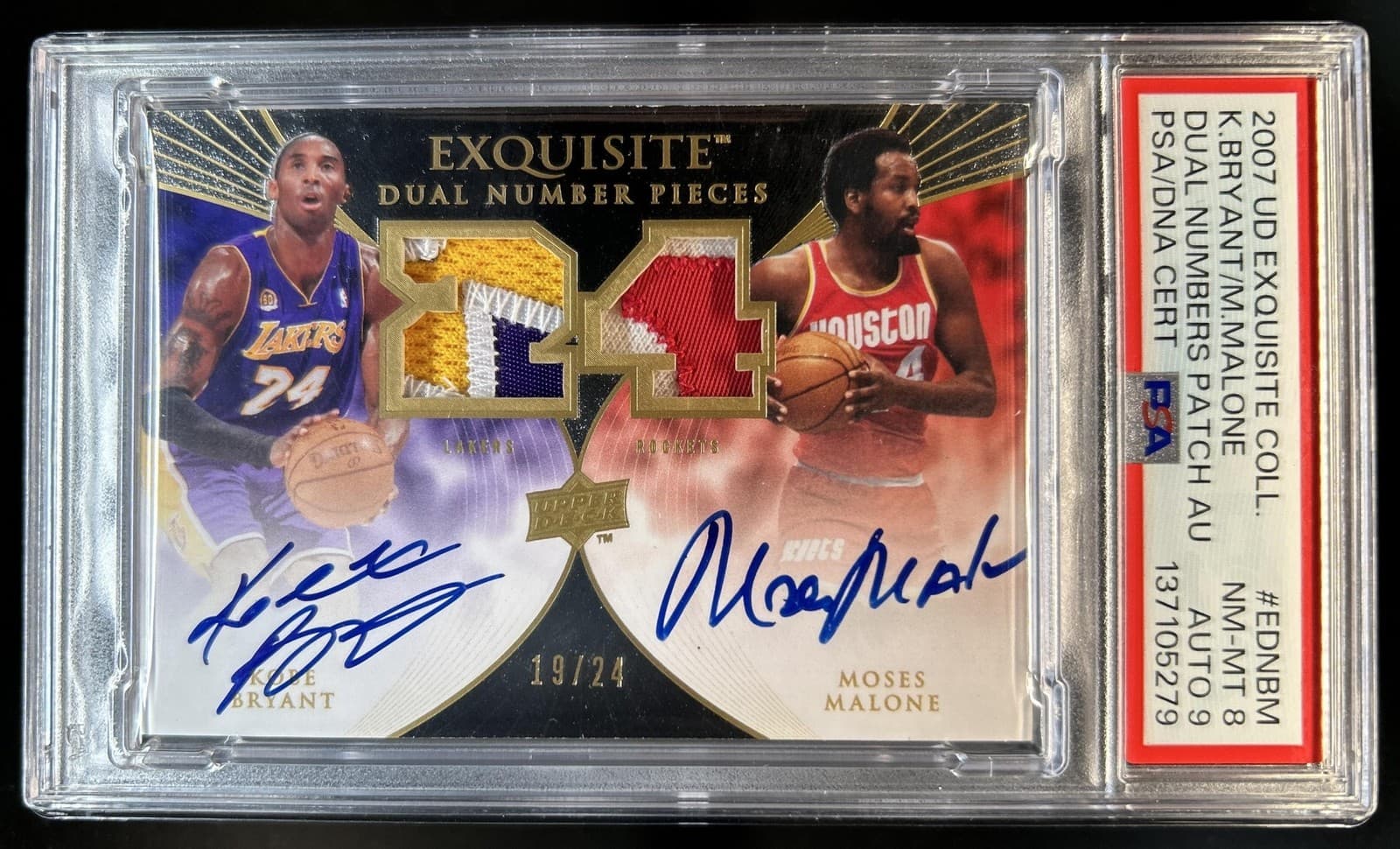 2007-08 Exquisite Kobe Bryant Moses Malone Numbers Patch Auto #/24 PSA 8 9