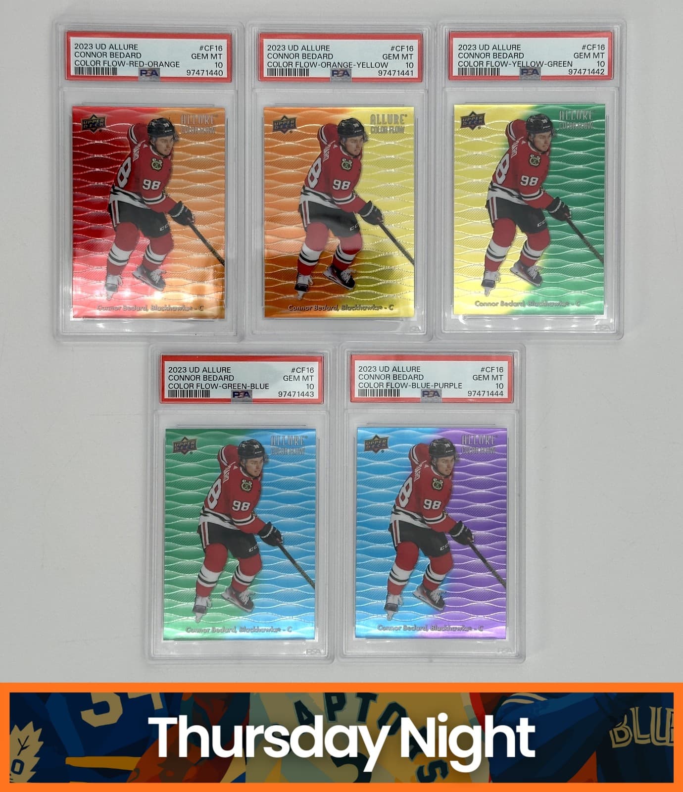 2023 UPPER DECK ALLURE CONNOR BEDARD COLOR FLOW ROOKIE COMPLETE RAINBOW PSA 10