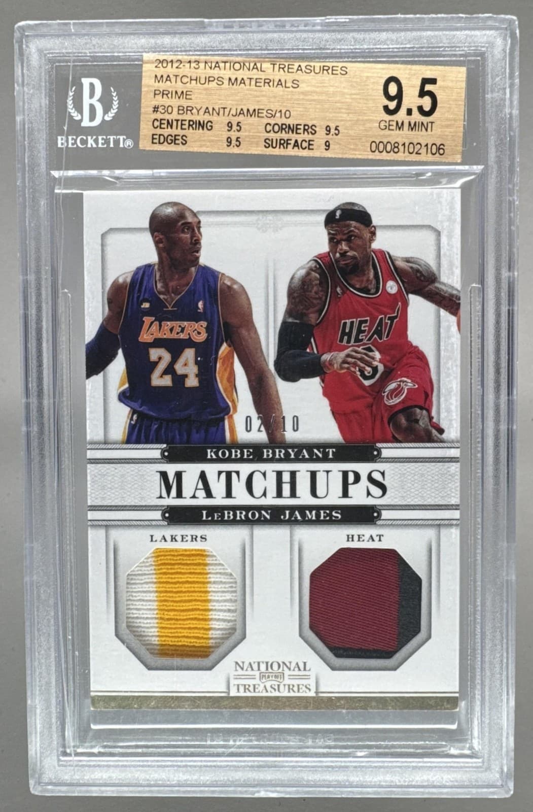 Kobe Bryant LeBron James 2012 National Treasures Prime Patch 2/10 BGS 9.5