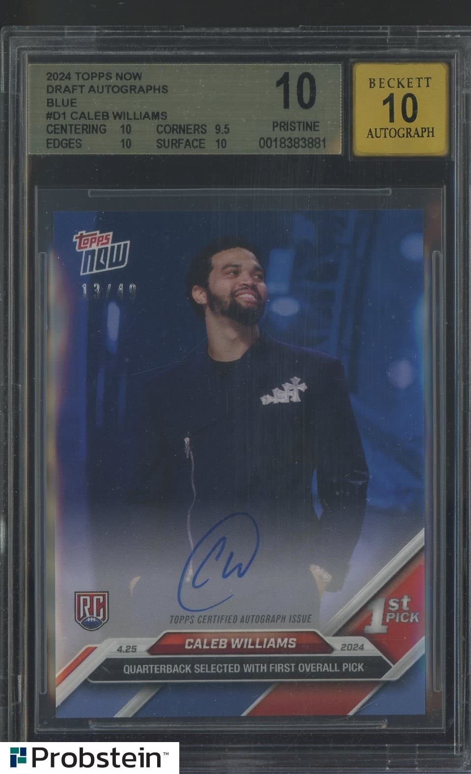 2024 Topps Now Draft Blue #D1 Caleb Williams RC Rookie 13/49 BGS 10 w/ 10 AUTO