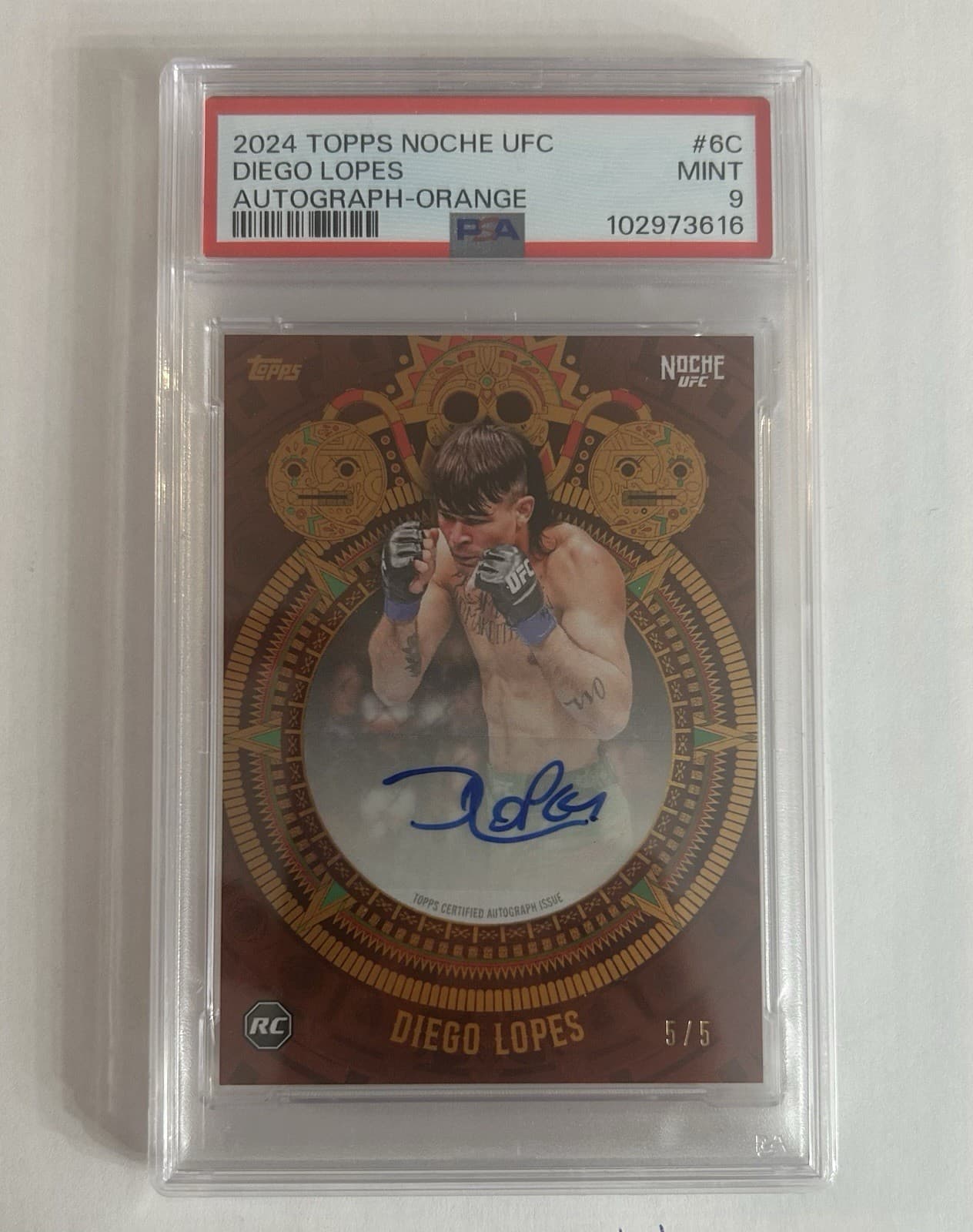 5/5 Topps 2024 Noche UFC Diego Lopes Orange Autograph RC #6C PSA 9
