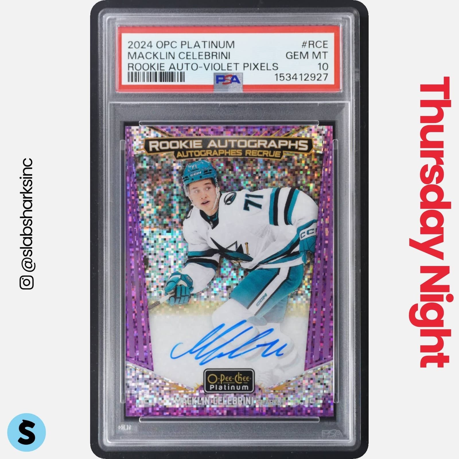 2024 O-PEE-CHEE PLATINUM MACKLIN CELEBRINI ROOKIE AUTO VIOLET PIXELS /65 PSA 10