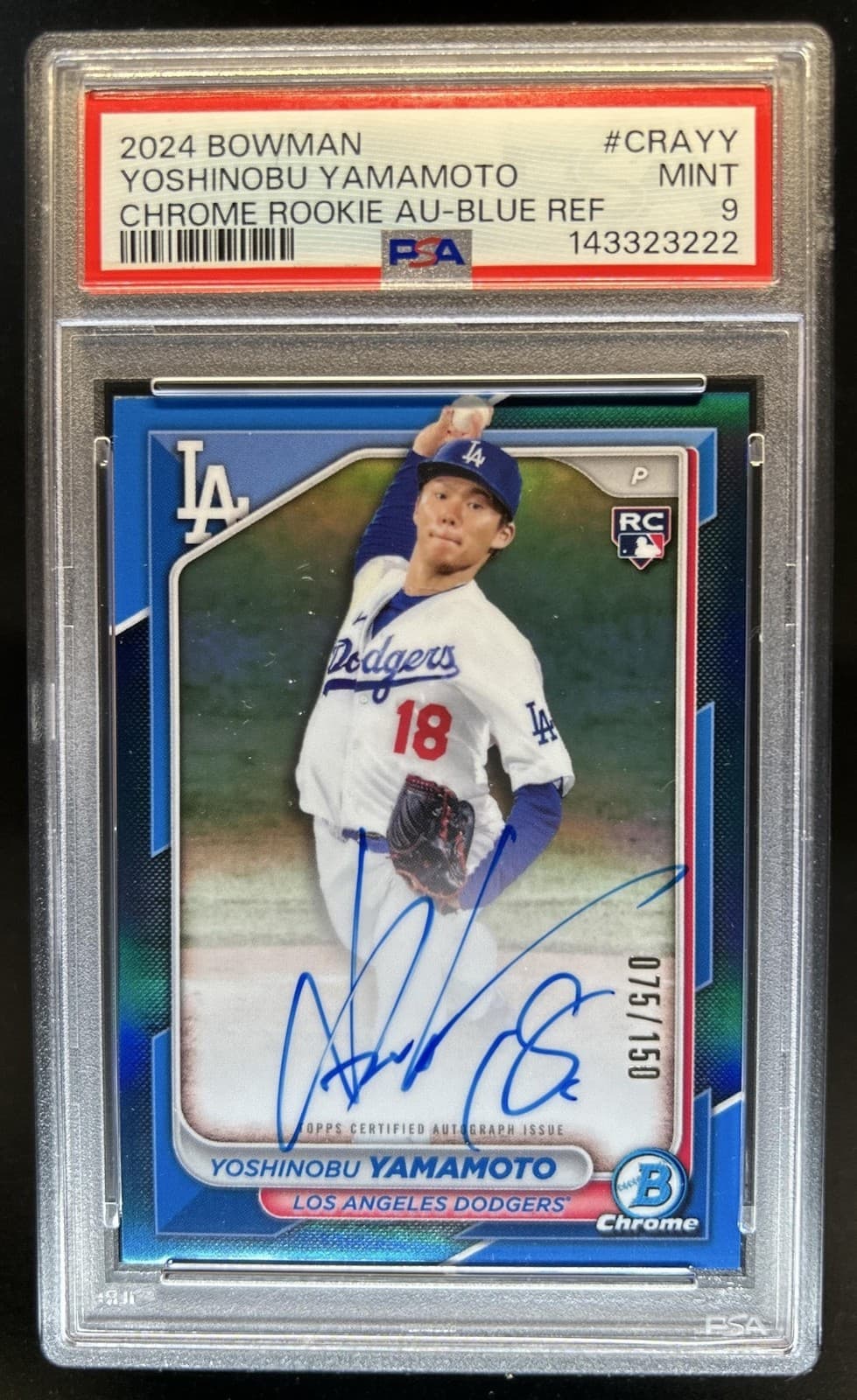2024 Bowman Yoshinobu Yamamoto Chrome Rookie Auto RC Refractor Blue #/150 PSA 9