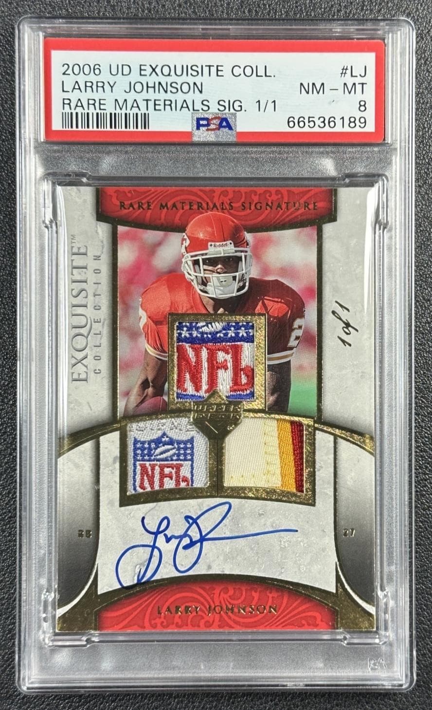 LARRY JOHNSON PSA 8 2006 EXQUISITE RARE MATERIALS GU NFL SHIELD PATCH AUTO 1/1