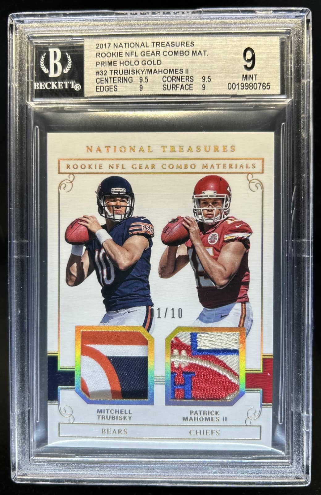 2017 National Treasures Trubisky Patrick Mahomes II Rookie Patch Gold #/10 BGS 9