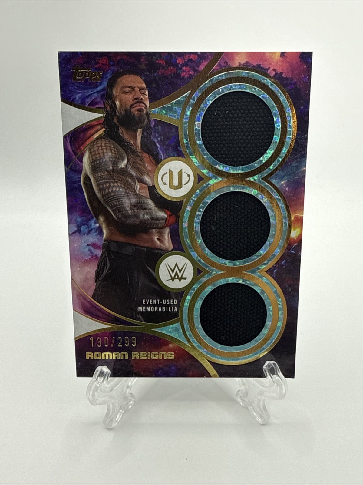 2026 Topps WWE Universe ROMAN REIGNS #STR-RR Triple Relic Aqua Speckle 130/299