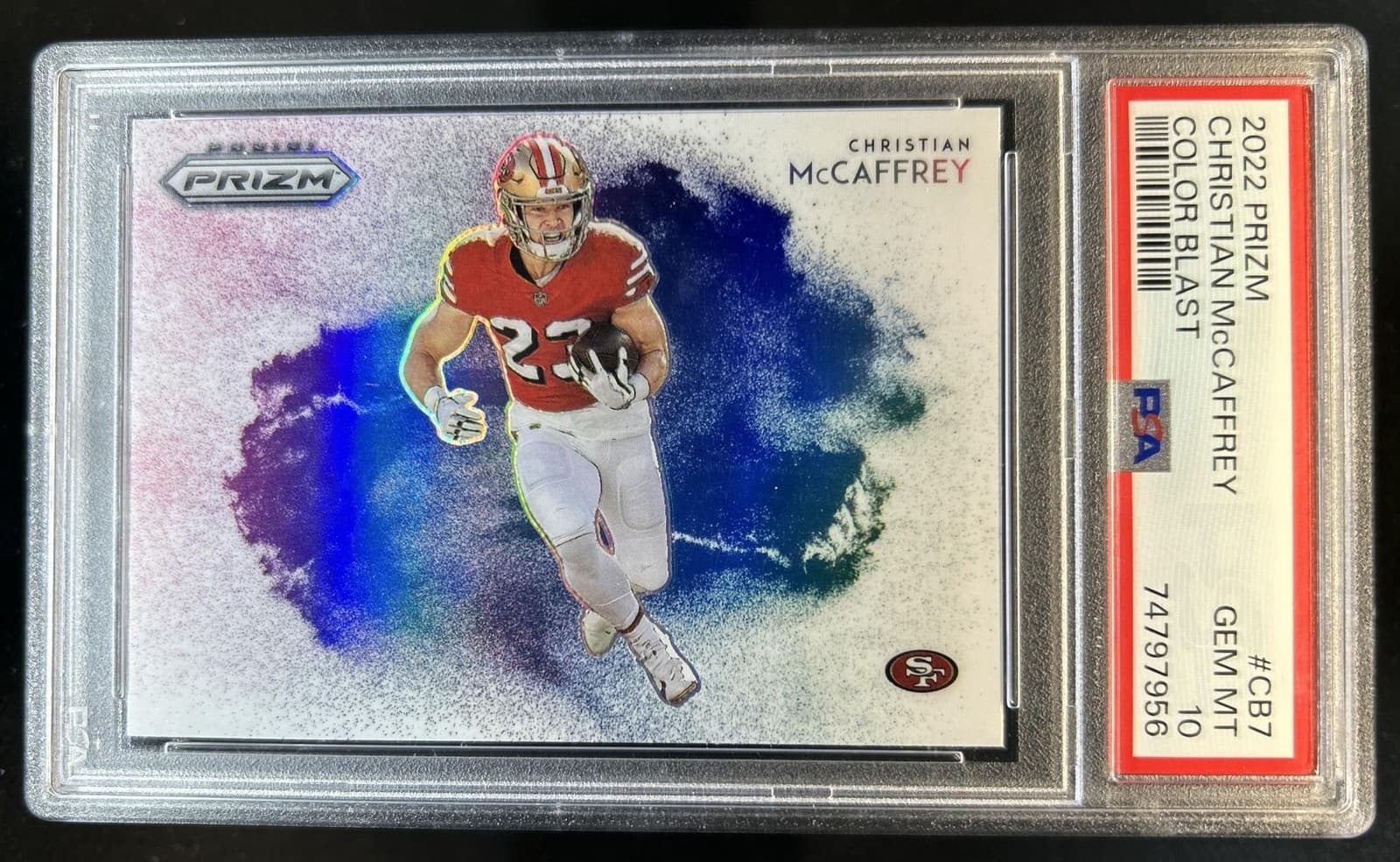 2022 Panini Prizm Christian McCaffrey Color Blast SSP #CB-7 49ers PSA 10