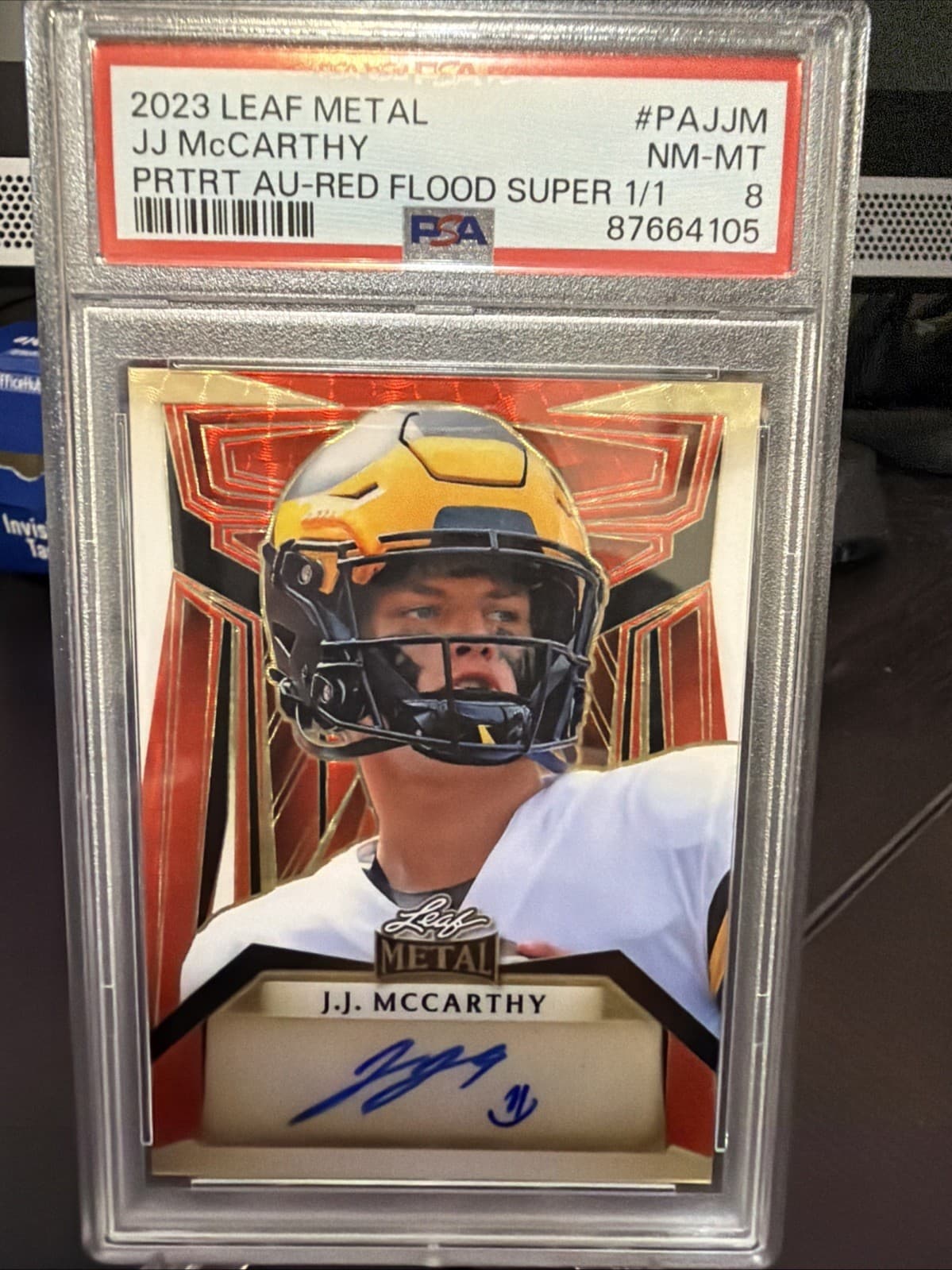 2023 Leaf Metal JJ McCarthy Auto #1/1 Red Flood Gold Super Prismatic RC PSA 8