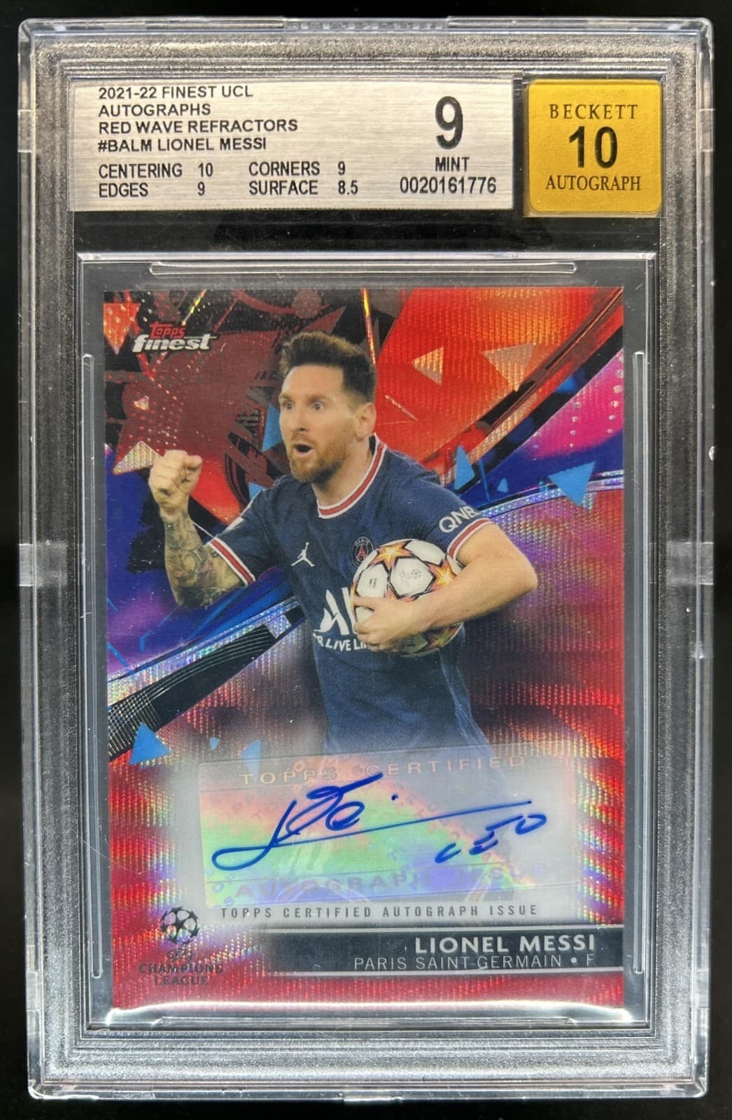 2021 Topps Finest UEFA Lionel Messi Auto Refractor Red Wave #/5 PSG BGS 9/10