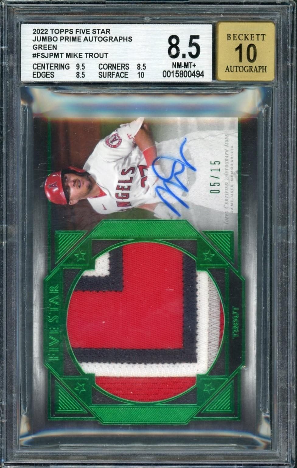 2022 Topps Five Star Mike Trout Jumbo Prime Patch Auto /15 BGS 8.5