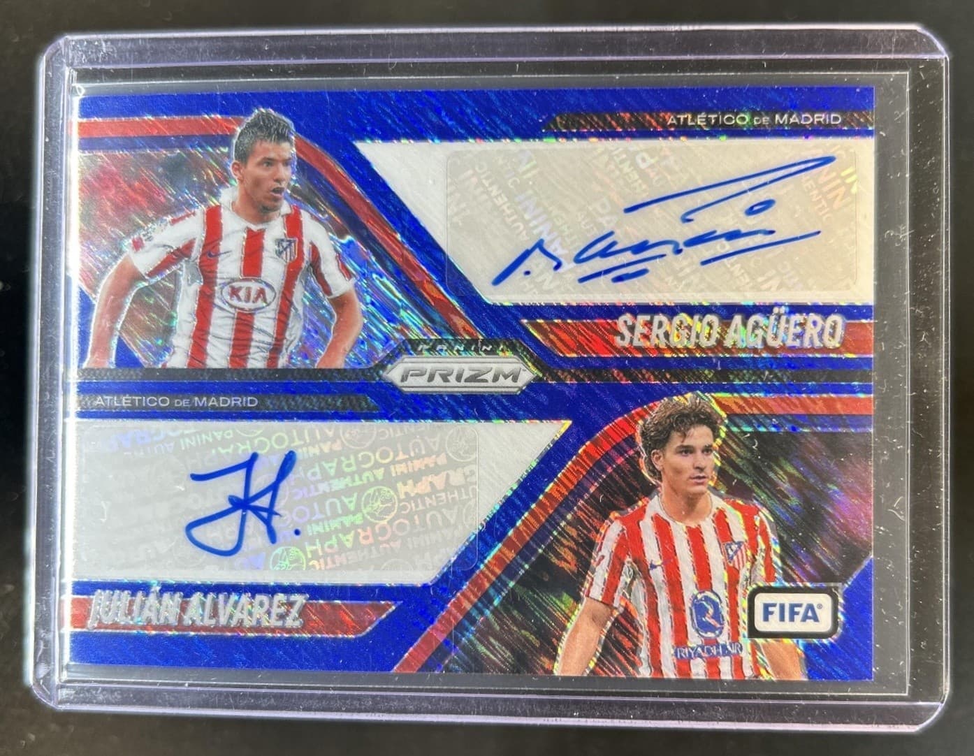 2025-26 Prizm FIFA Julian Alvarez Sergio Aguero Dual Blue Shimmer Prizm Auto #6