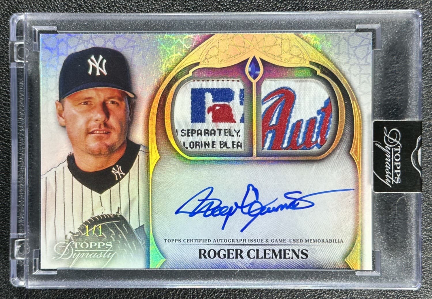1/1 ROGER CLEMENS 2025 TOPPS DYNASTY DUAL GAME-USED LOGO TAG PATCH AUTO GOLD 1/1