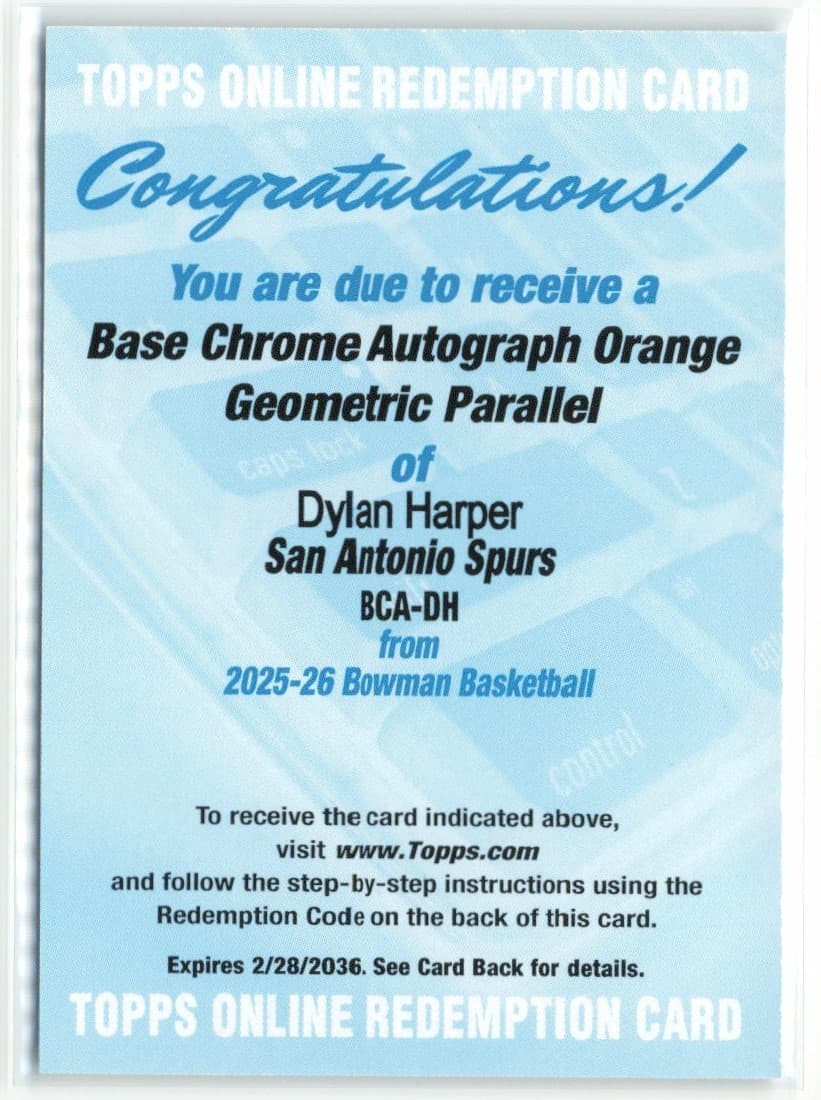 2025-26 Bowman Dylan Harper #BCA-CH Orange Geometric Auto RC /25 Spurs