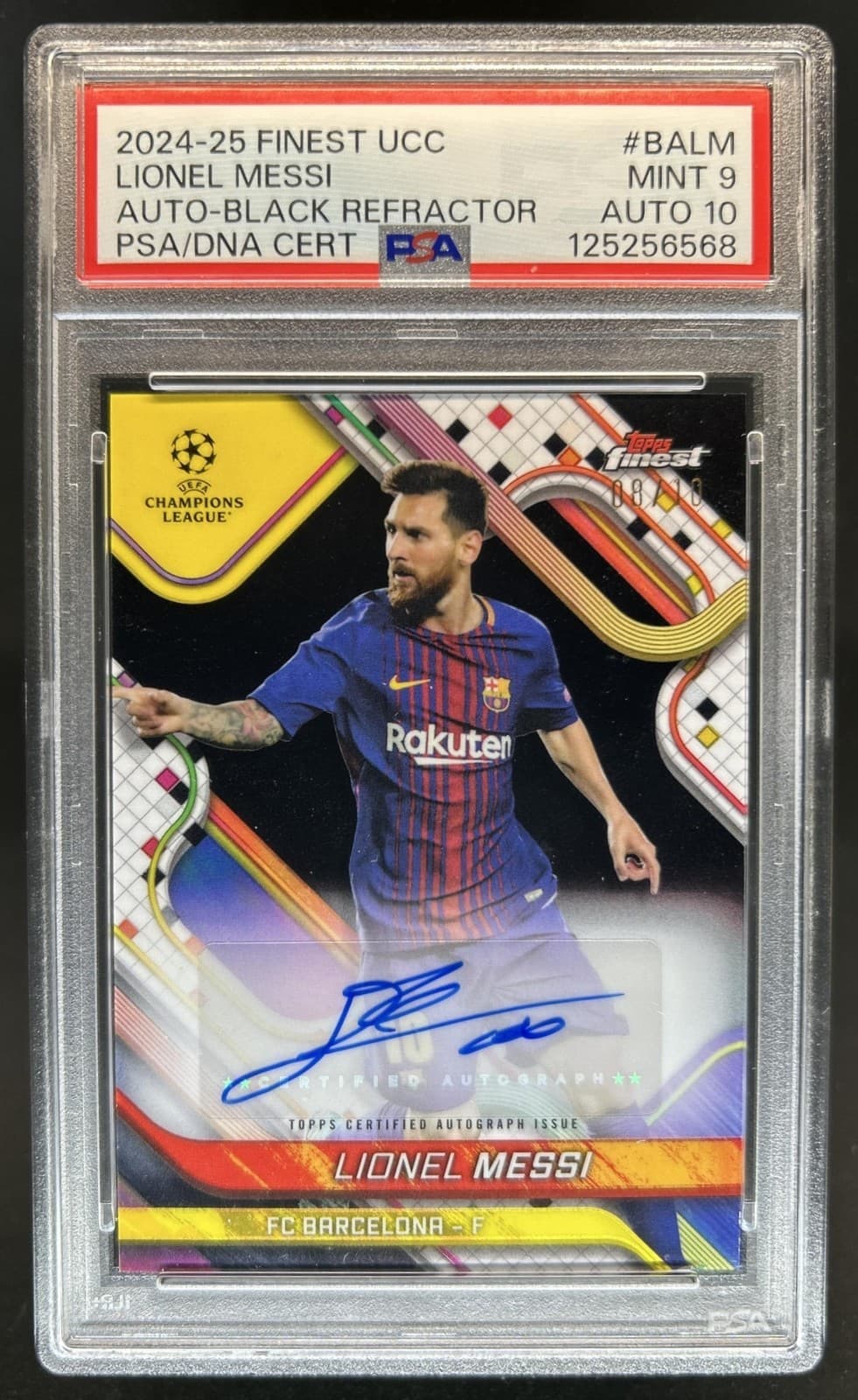 2024-25 Topps Finest UEFA Lionel Messi Auto Black Refractor #/10 PSA 9/10