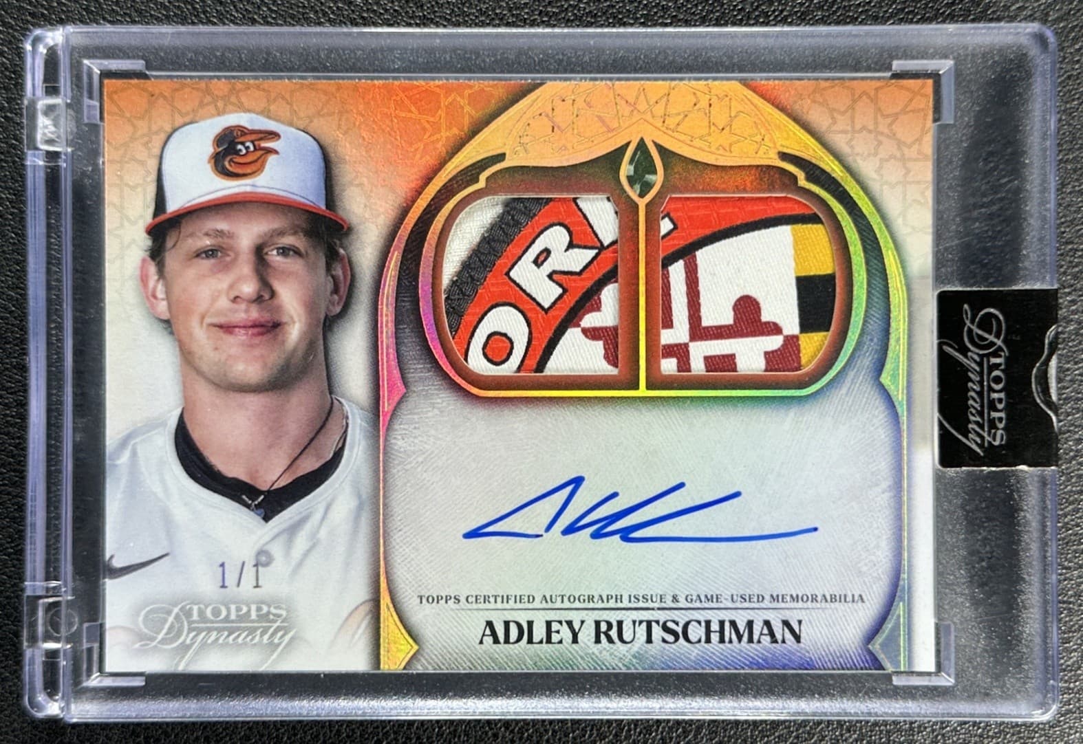 1/1 ADLEY RUTSCHMAN 2025 TOPPS DYNASTY GAME-USED DUAL LOGO PATCH AUTO GOLD 1/1