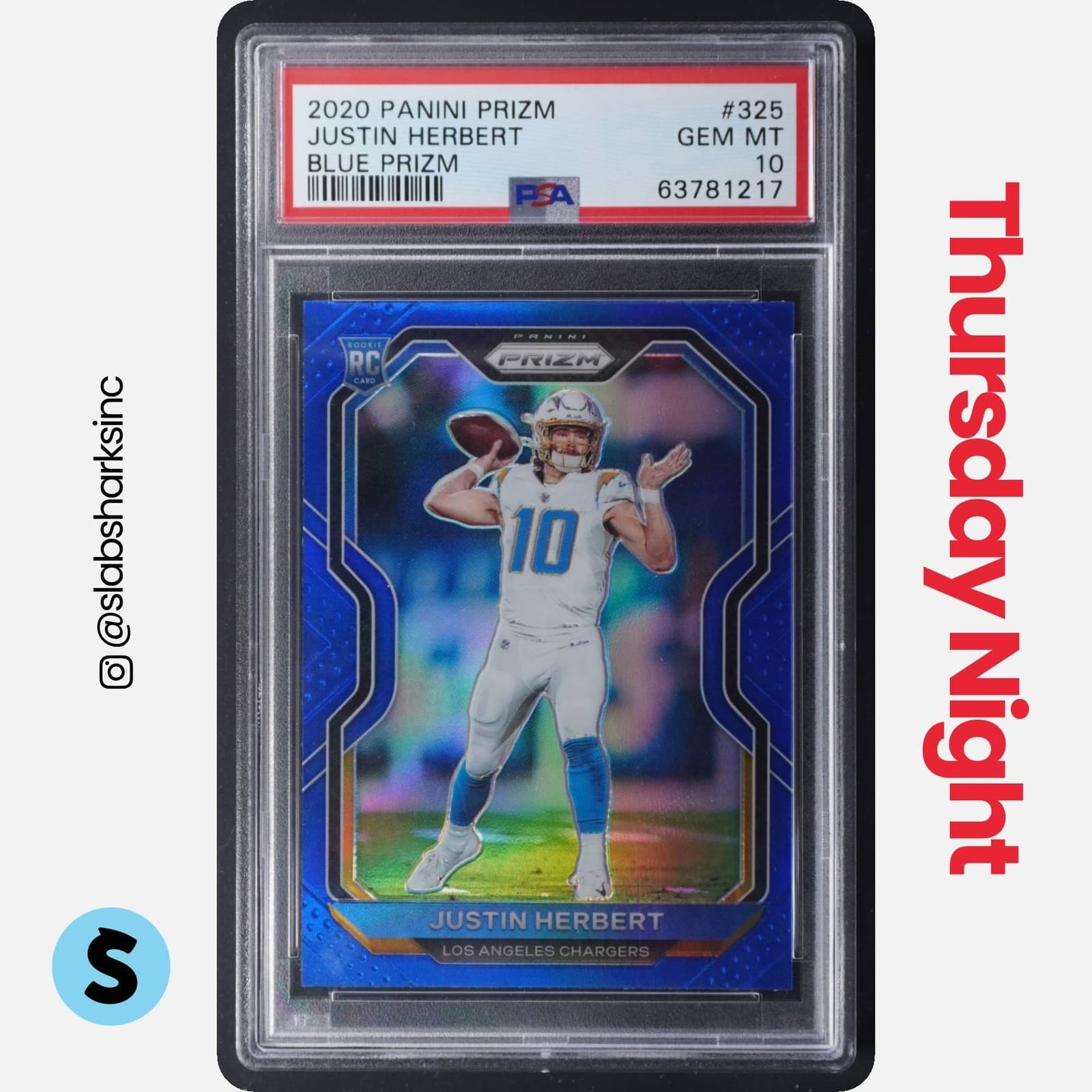 2020 PANINI PRIZM #325 JUSTIN HERBERT BLUE PRIZM RC ROOKIE PSA 10