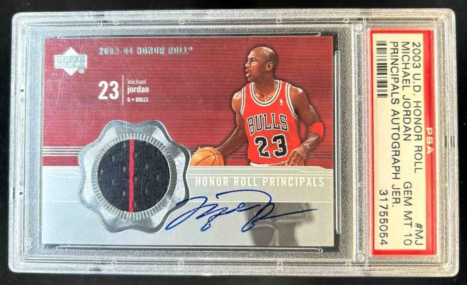 2003-04 UD Honor Roll Michael Jordan Principals Game Used Jersey Auto #MJ PSA 10