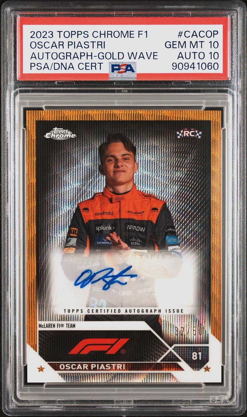 2023 Topps Chrome F1 Oscar Piastri Rookie Gold Wave Auto /50 Dual PSA 10/10
