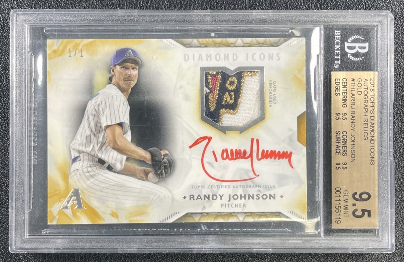 1/1 RANDY JOHNSON BGS 9.5 2018 TOPPS DIAMOND ICONS GU LOGO PATCH AUTO GOLD 1/1
