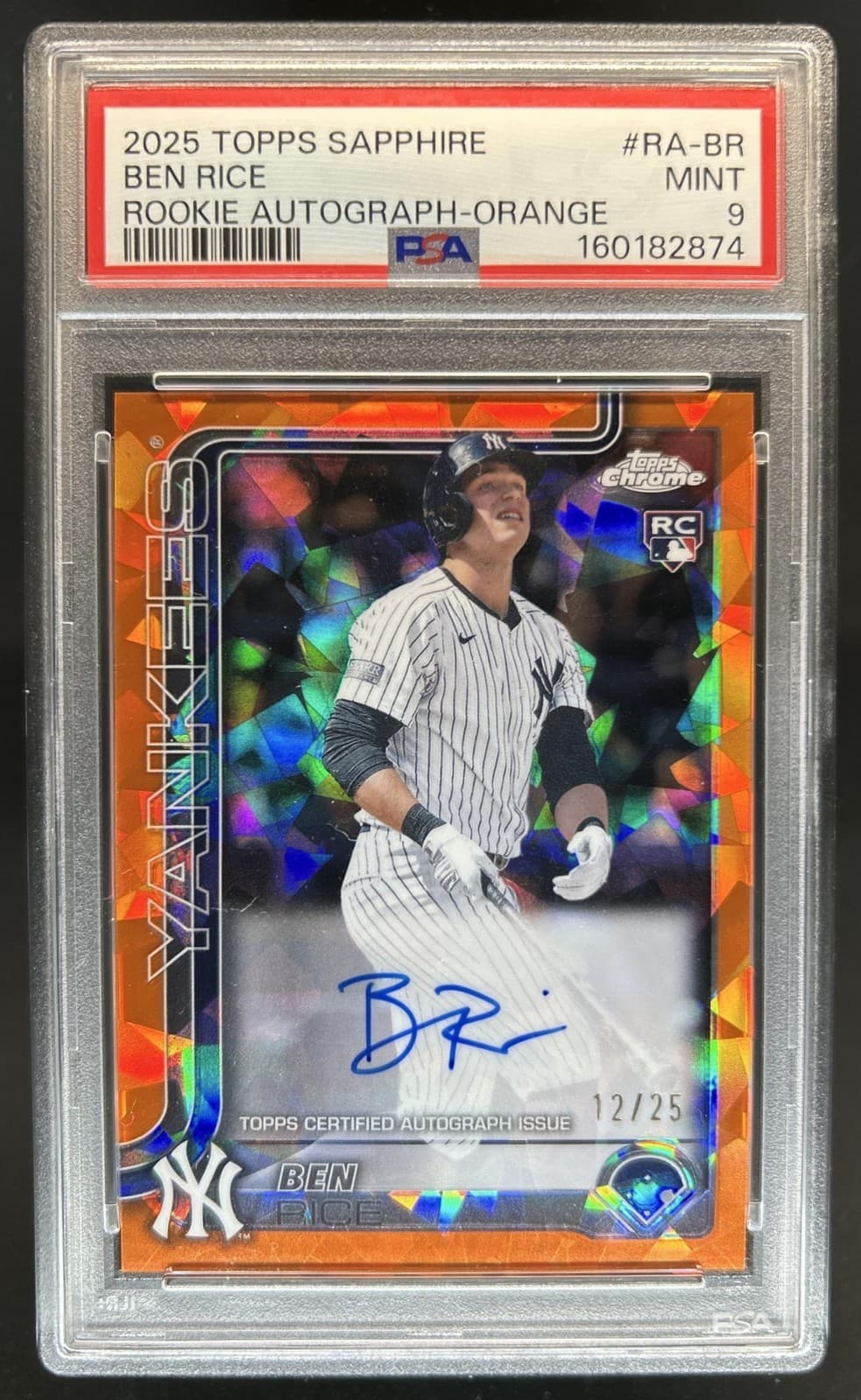 2025 Topps Chrome Sapphire Ben Rice Rookie Auto RC Orange Refractor #/25 PSA 9