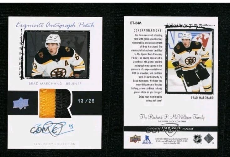 2020-21 Upper Deck The Cup /25 Brad Marchand Exquisite Patch Auto Tribute Jersey