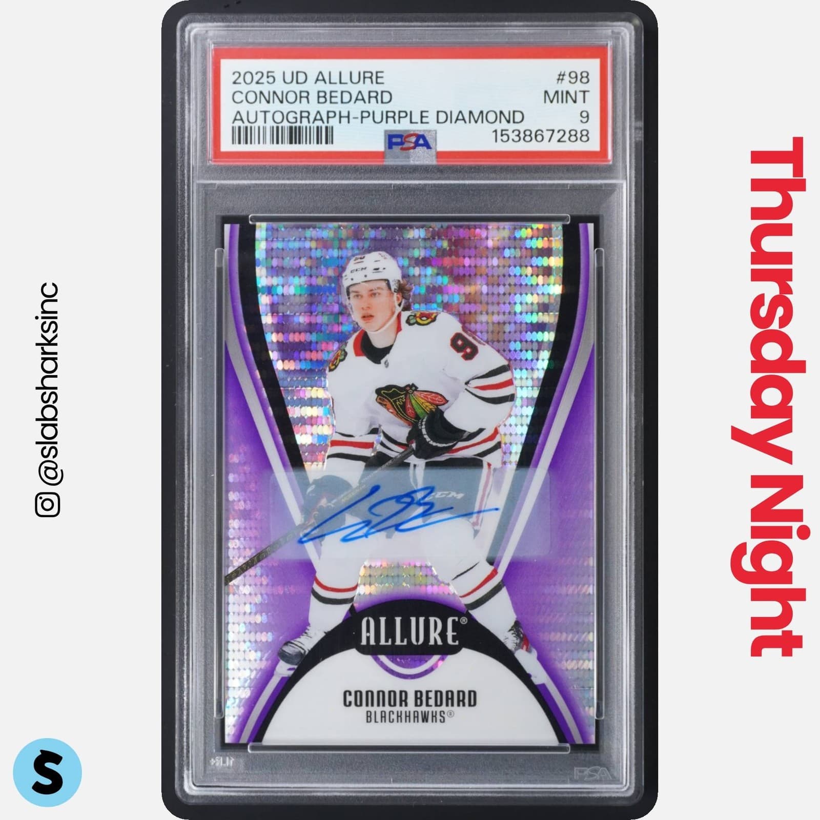 2025 UPPER DECK ALLURE #98 CONNOR BEDARD PURPLE DIAMOND AUTO /10 PSA 9