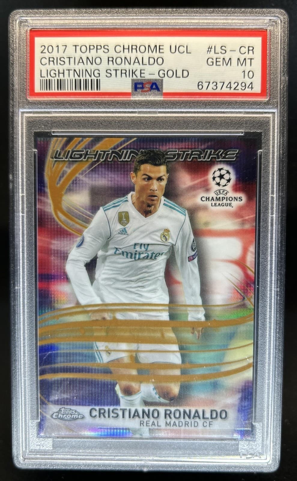 2017 Topps Chrome Cristiano Ronaldo Lightning Strike Gold Refractor #/50 PSA 10