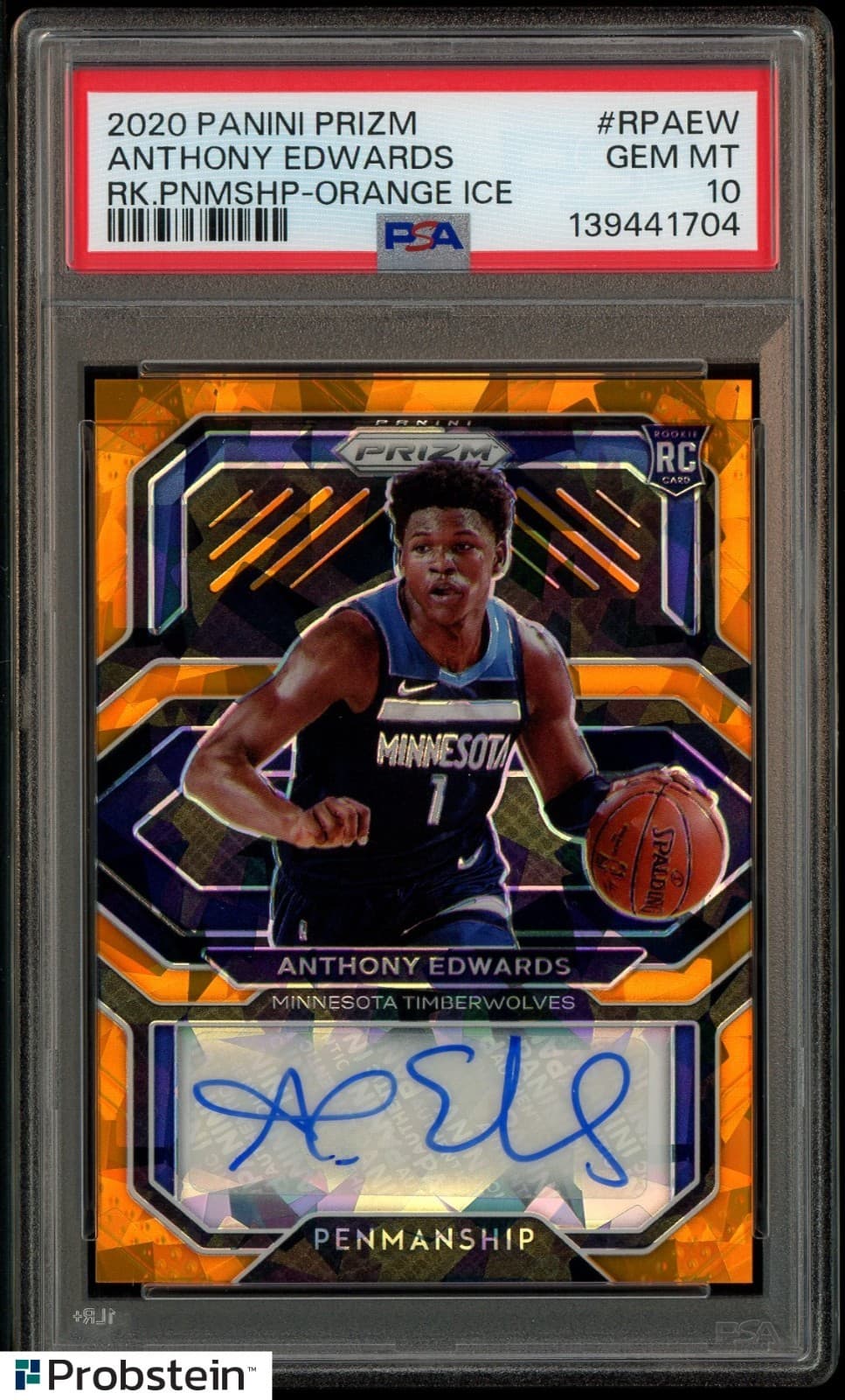 2020-21 Panini Orange Ice Prizm Rookie Penmanship Anthony Edwards RC AUTO PSA 10