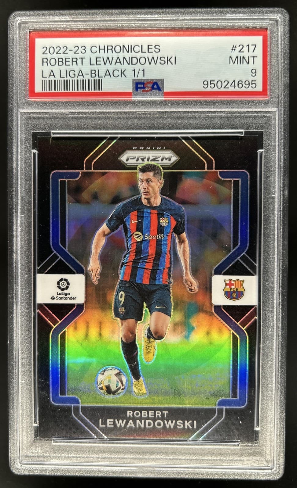 2022-23 Chronicles Robert Lewandowski Prizm La Liga Black #1/1 Barcelona PSA 9