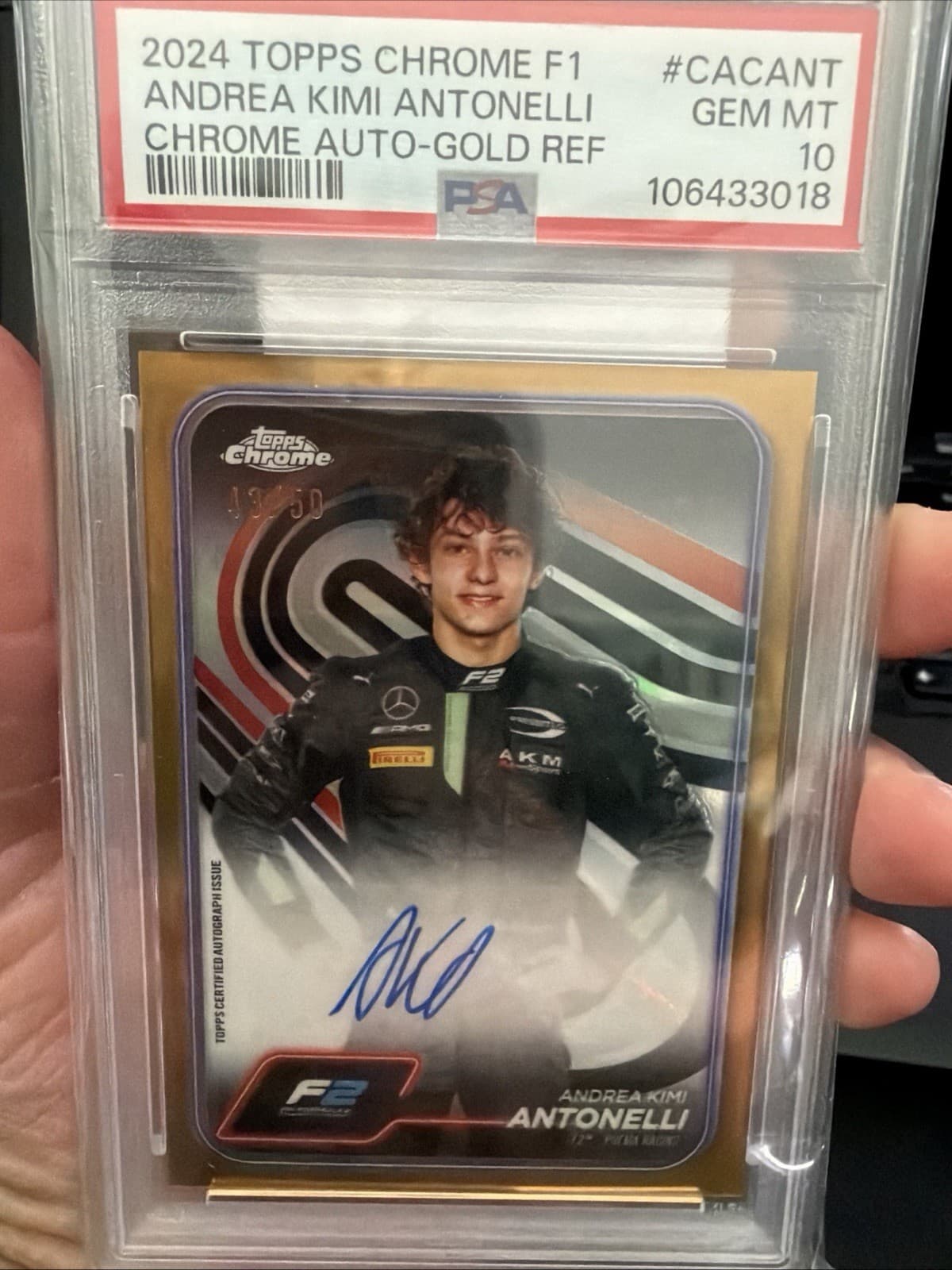 2024 TOPPS CHROME F1 Kimi Antonelli #CACANT Chrome Auto Gold Ref /50 PSA 10
