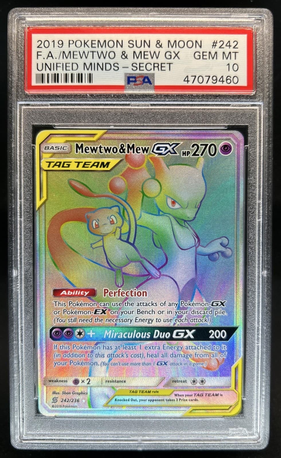 2019 Pokemon Sun & Moon Unified Minds Mewtwo Mew Tag Team #242/236 PSA 10
