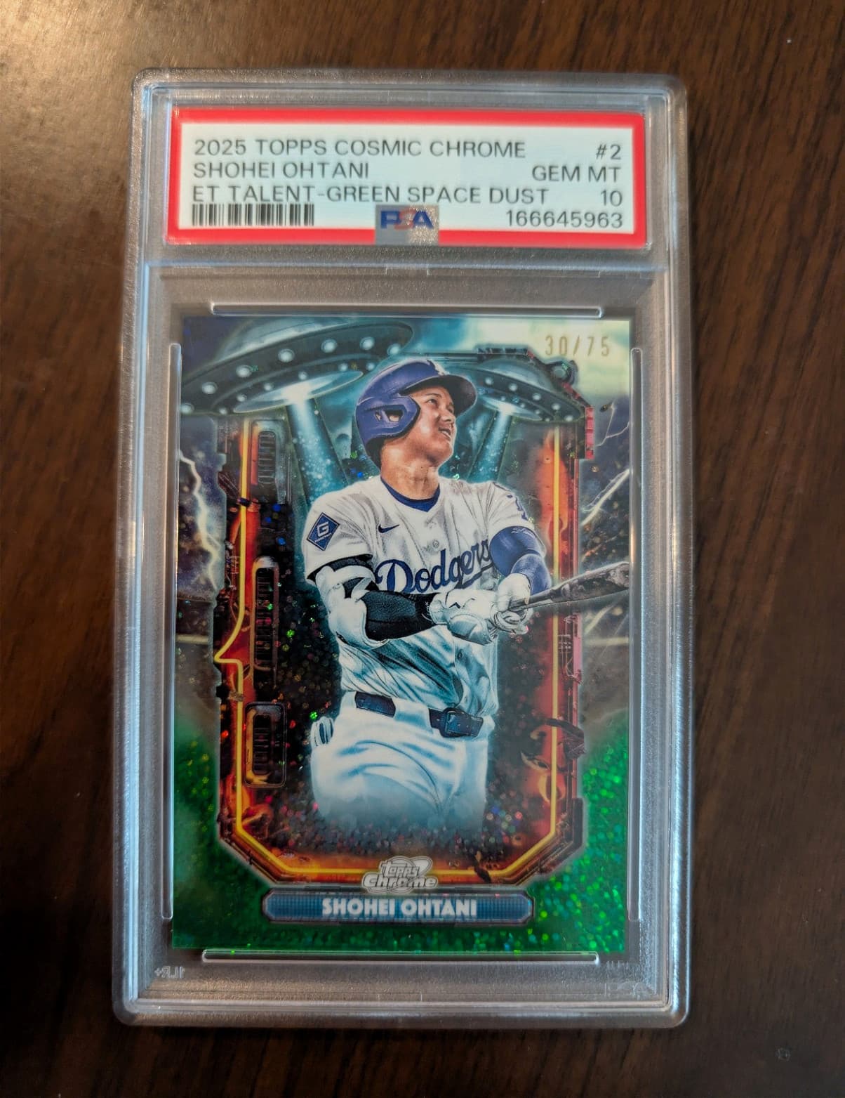 Topps 2025 Cosmic Chrome Shohei Ohtani ET #2 Green Space Dust PSA 10 30/75