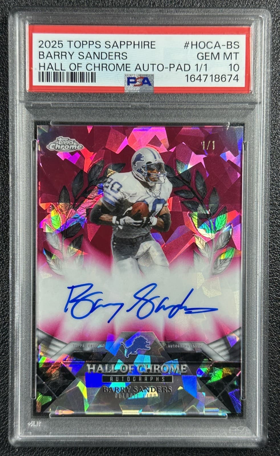 BARRY SANDERS PSA 10 2025 TOPPS SAPPHIRE HALL OF CHROME AUTO PADPARADSCHA 1/1