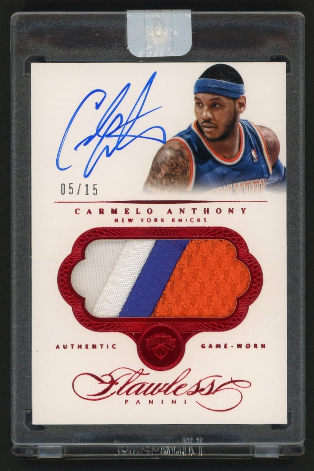 2013-14 Panini Flawless Ruby Carmelo Anthony HOF GU 3-Color Patch AUTO 5/15