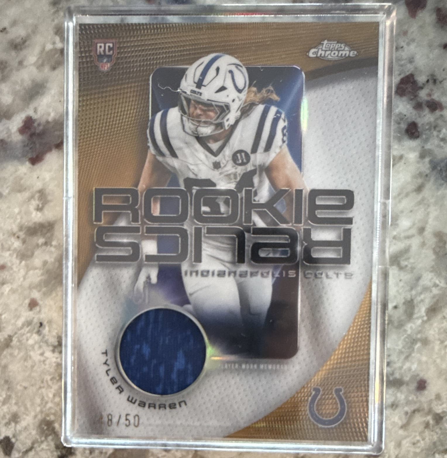 Topps 2025 Chrome Football Rookie Relics Tyler Warren RR-TW Gold /50 MEM RC