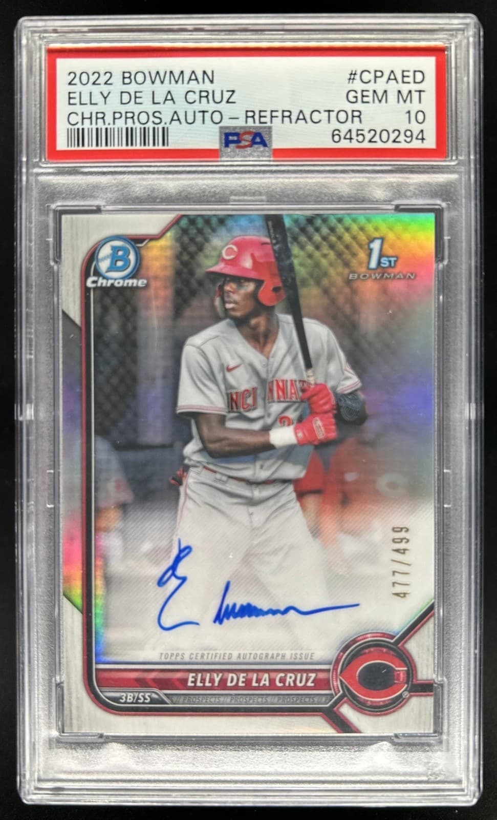 2022 Bowman Elly De La Cruz Chrome Auto 1st Refractor #/499 Reds PSA 10 GEM MINT